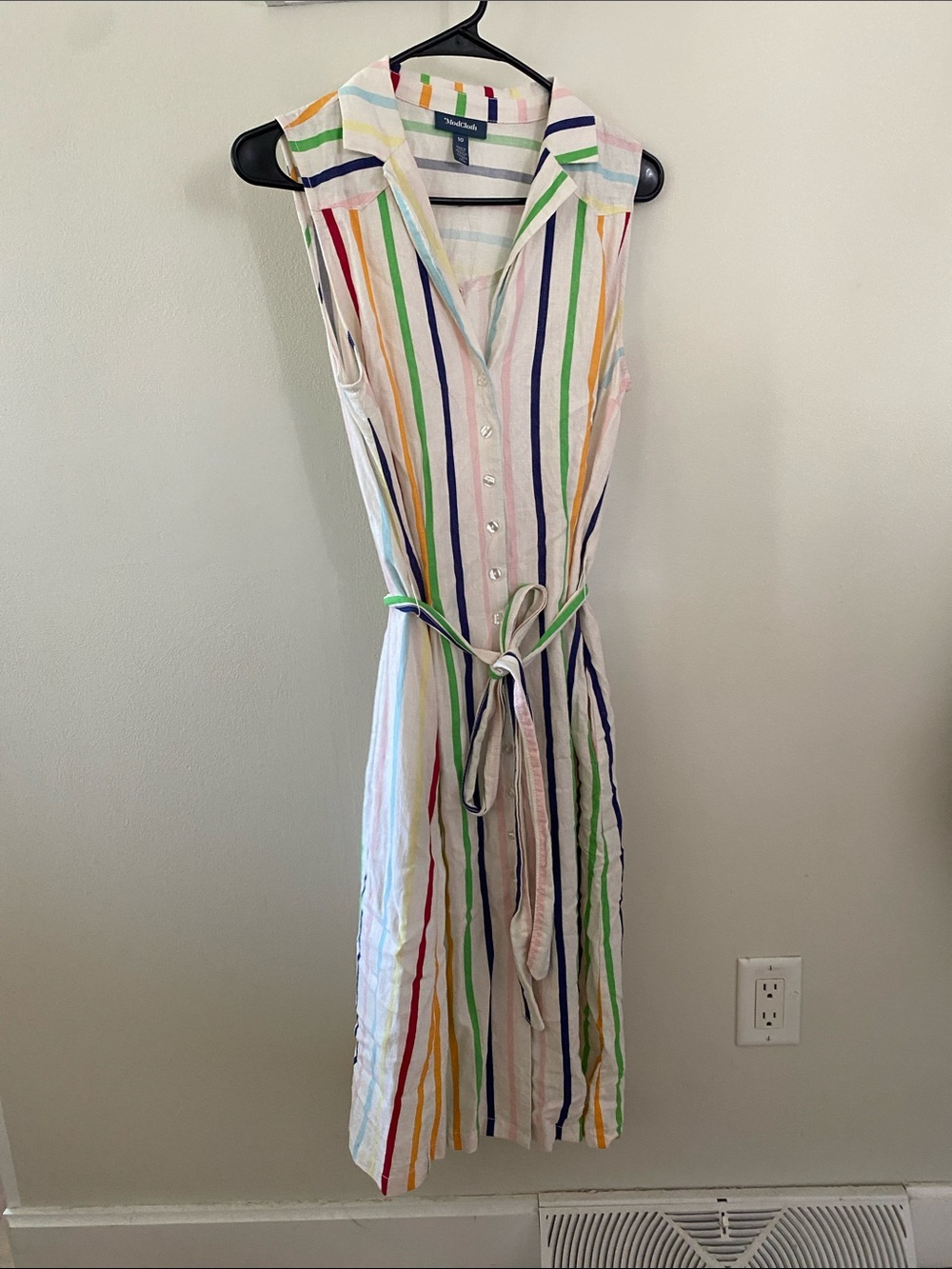 Modcloth White Maxi Dress with Rainbow Vertical Stripes